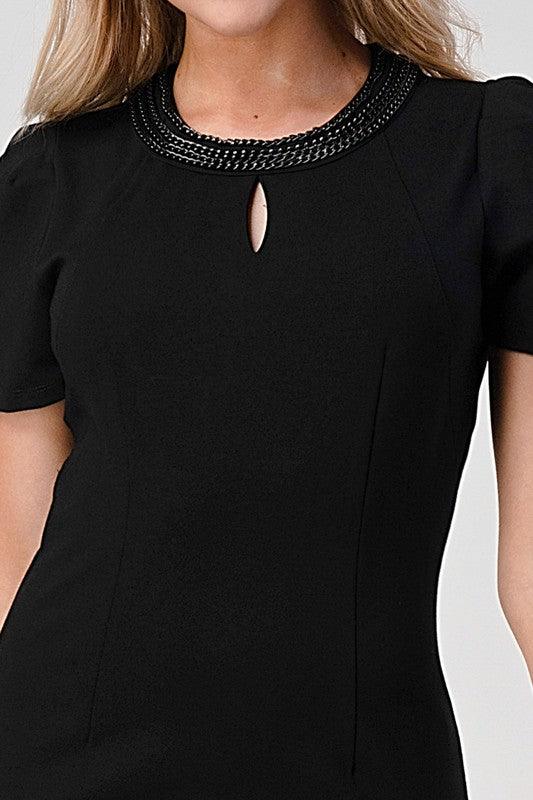Puff Sleeve Chain Neck Detail Ponti Dress - Lucianne Boutique