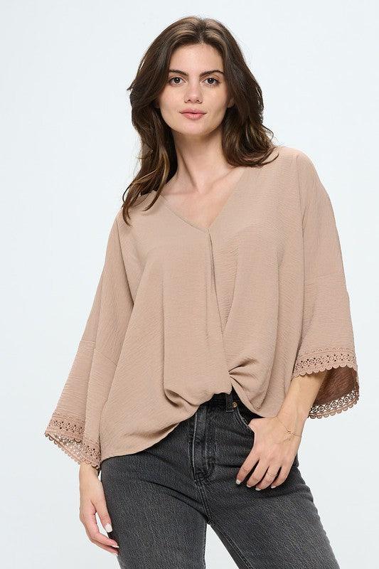 v neck lace insert dolman sleeved knot front top - Lucianne Boutique