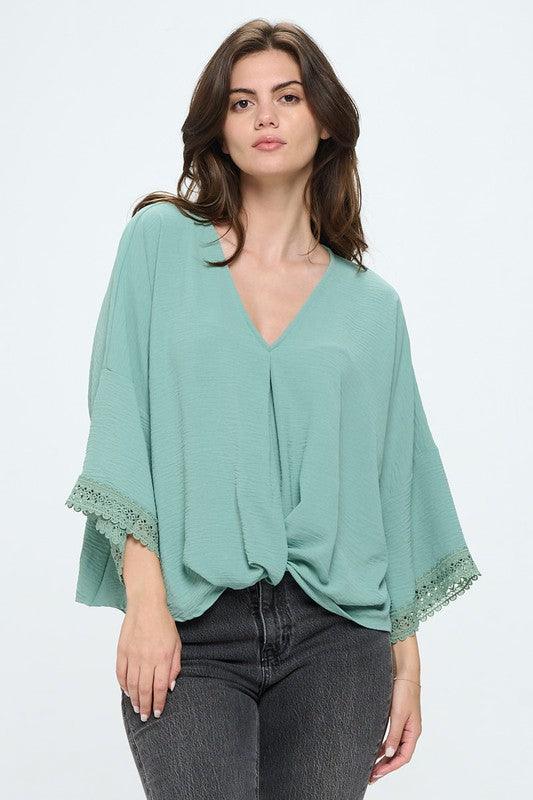 v neck lace insert dolman sleeved knot front top - Lucianne Boutique