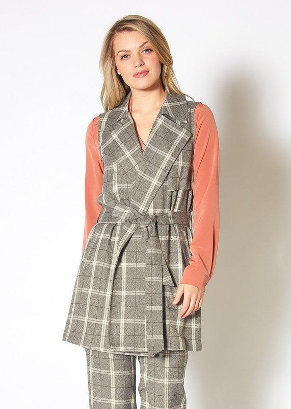 Pleione Sleeveless Plaid Tie Waist Vest in XS XL - Lucianne Boutique