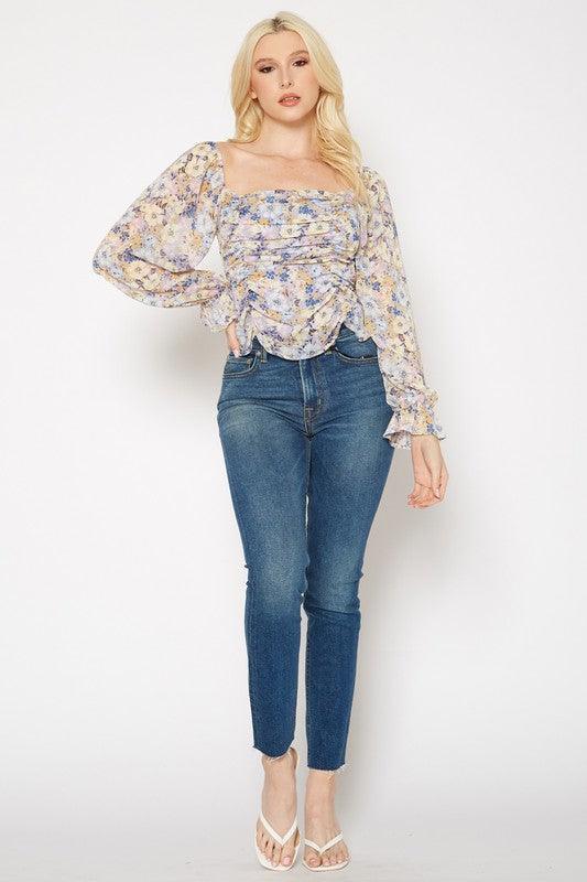 PLEIONE FLORAL WIDE RUCHED TOP - Lucianne Boutique