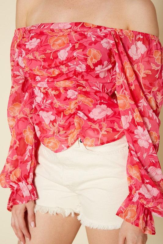 PLEIONE FLORAL WIDE RUCHED TOP - Lucianne Boutique