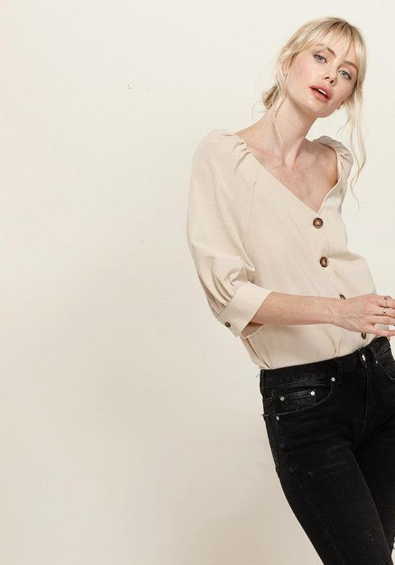 Pleione Puff Shoulder Button Down Blouse in XS XL - Lucianne Boutique