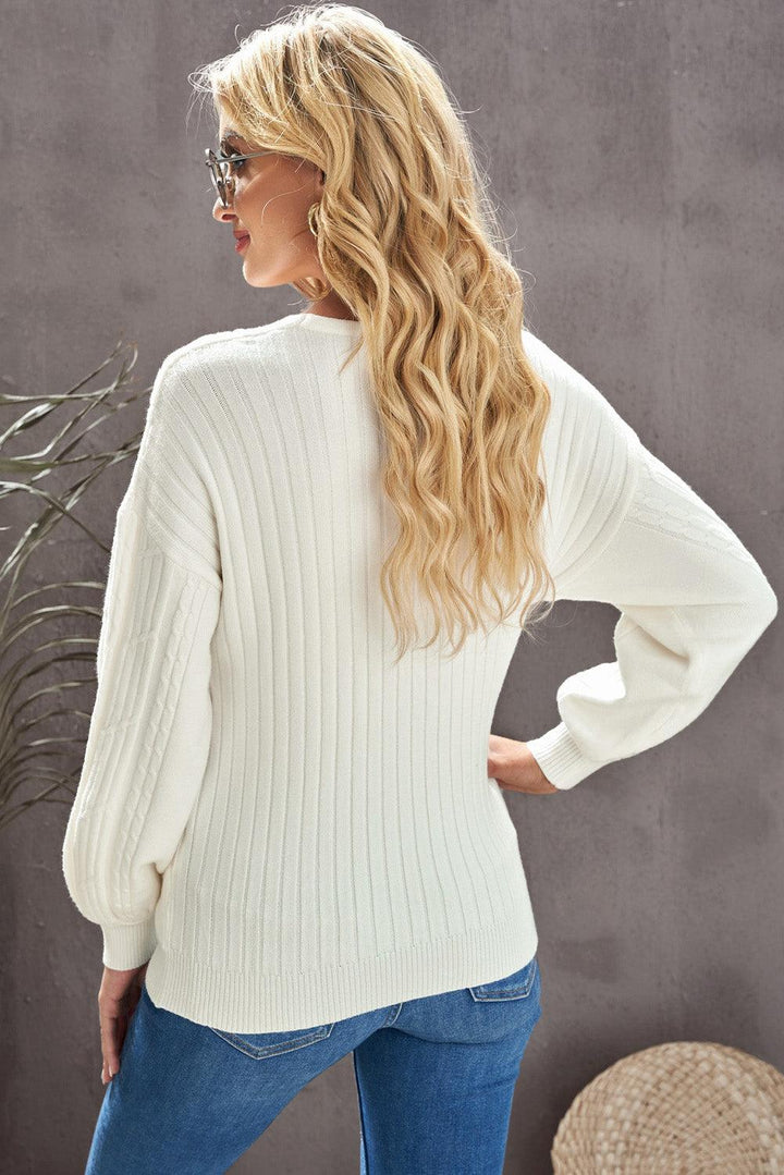 Ribbed Puff Sleeve Surplice Sweater - Lucianne Boutique